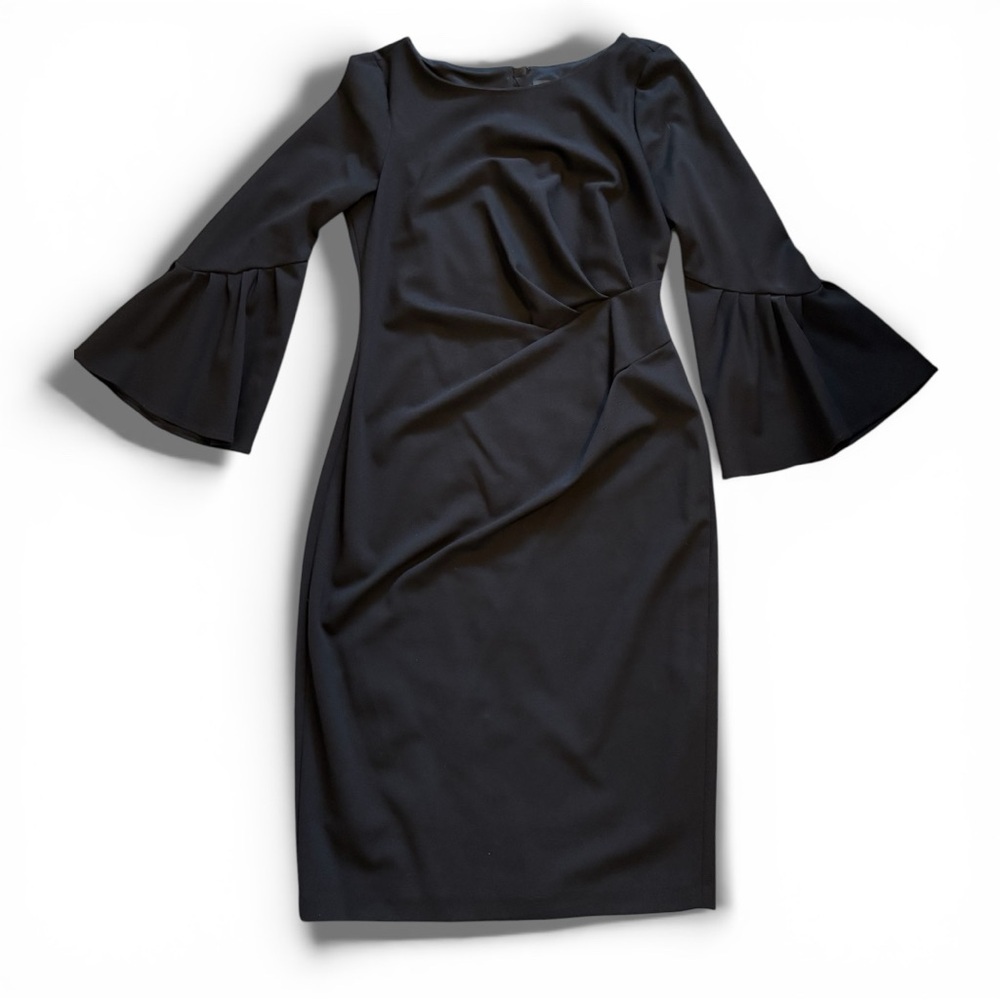 Adrianna Papell Black Bell Sleeve Ponte Knit Sheath Dress | Size 10 Regular - Picture 5 of 16